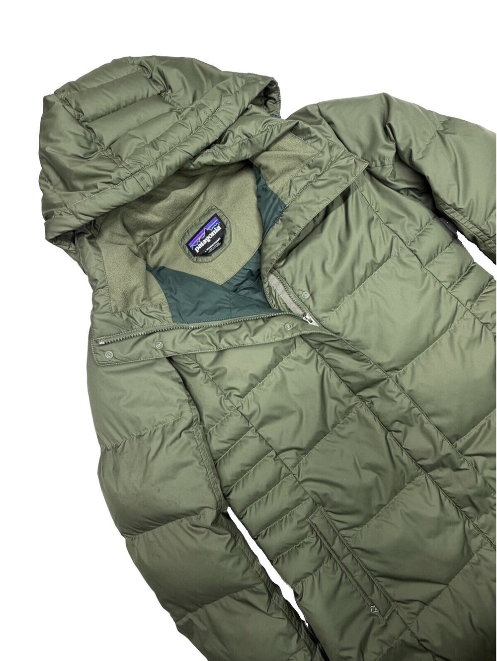 Patagonia Down With It Parka Womens Large Green 600 Fill Long Winter Coat 28439